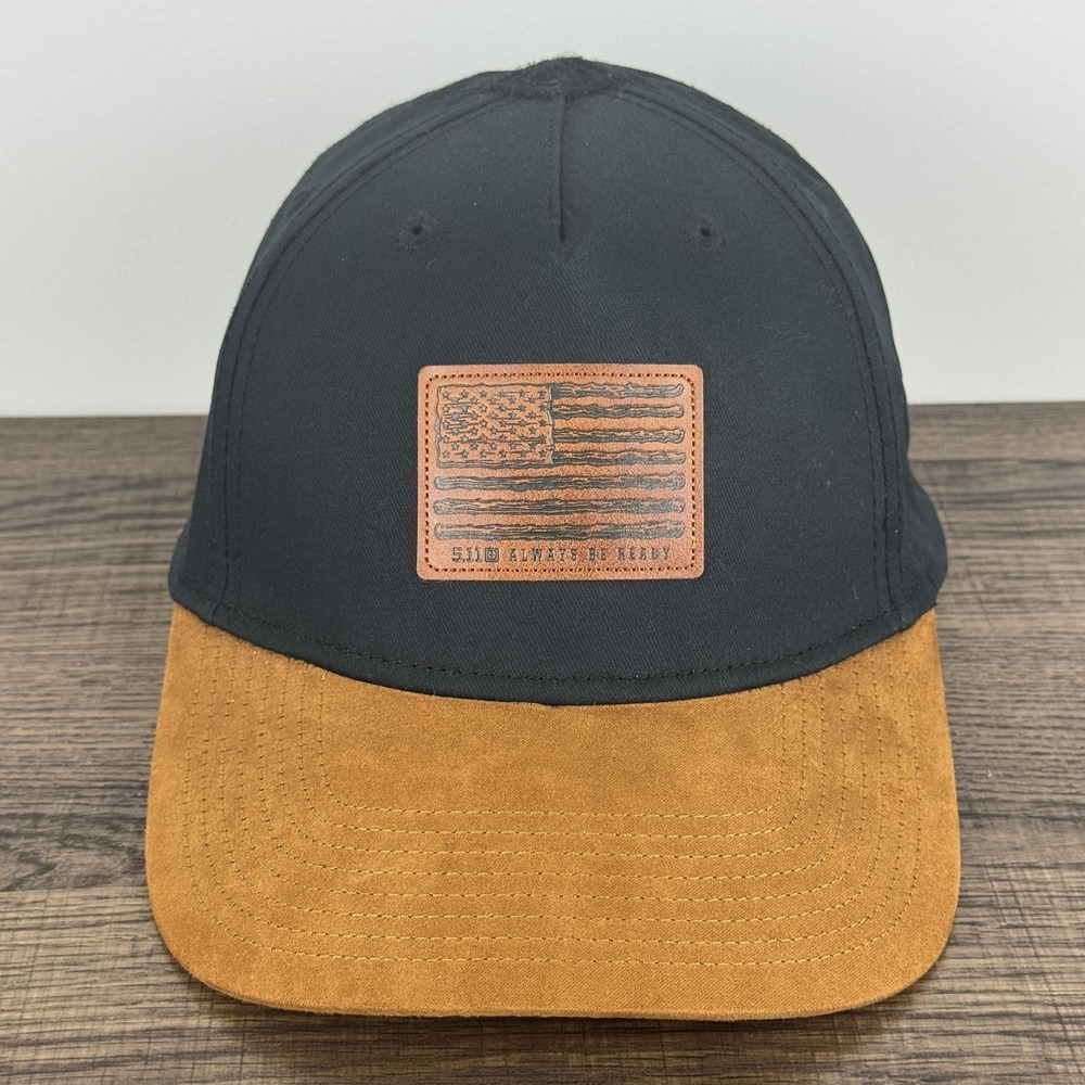 5.11 Tactical Hat Cap Snap Back Black Brown Leather‎ Patch American Flag Mens